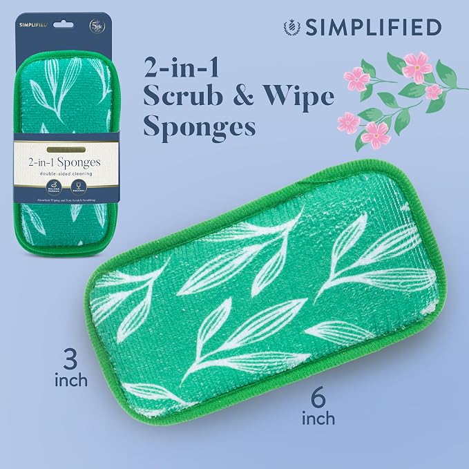 Simplified 5-Pack Scrub & Wipe 2-in-1 Dishwashing Sponges - Image 6
