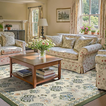 jinchan Elora 8x10 Floral Rug for Living Room Washable Bedroom Rug Vintage Romance Christmas Design Non Slip Thin Indoor Floor Cover Large Low-Profile Throw Carpet for Dining Room Office, Green/Beige