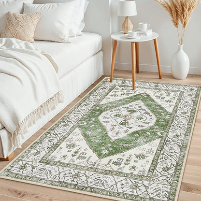 Lahome Boho Green Machine Washable Living Room Rugs - 3x5 Area Rugs for Bedroom Non-Slip Ultra-Thin Entryway Rug, Vintage Print Throw Indoor Carpet Rug for Office Kitchen (Green, 3'x5')