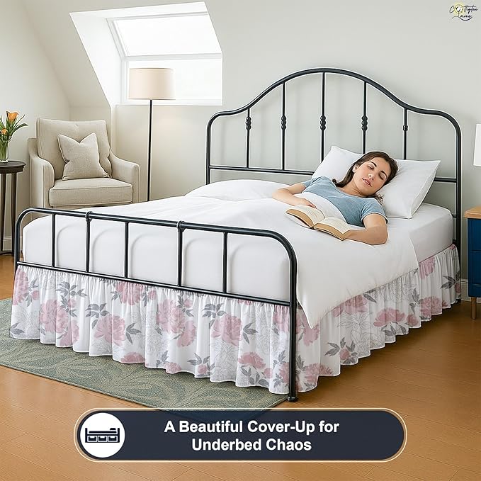 Cottington Lane Ruffled Bed Skirt King Size with Split Corner, Brushed Microfiber Hotel Quality Dust Ruffle, 21 Inch Drop Gathered Bedskirt, Soft, Stylish, Shrink & Fade Resistant, Blush Petals