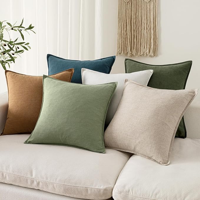 EMEMA Decorative Linen Throw Pillow Covers 26x26 Inch Grass Green Boho Farmhouse Neutral Couch Throw Pillows for Bed Pack of 2 Accent Pillowcase Modern Sofa Cushion Livingroom Home