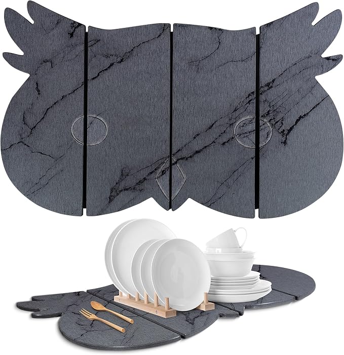 Large Stone Dish Drying Mat for Kitchen Counter, Owl Shape Design Drying Pads by GREENRAIN