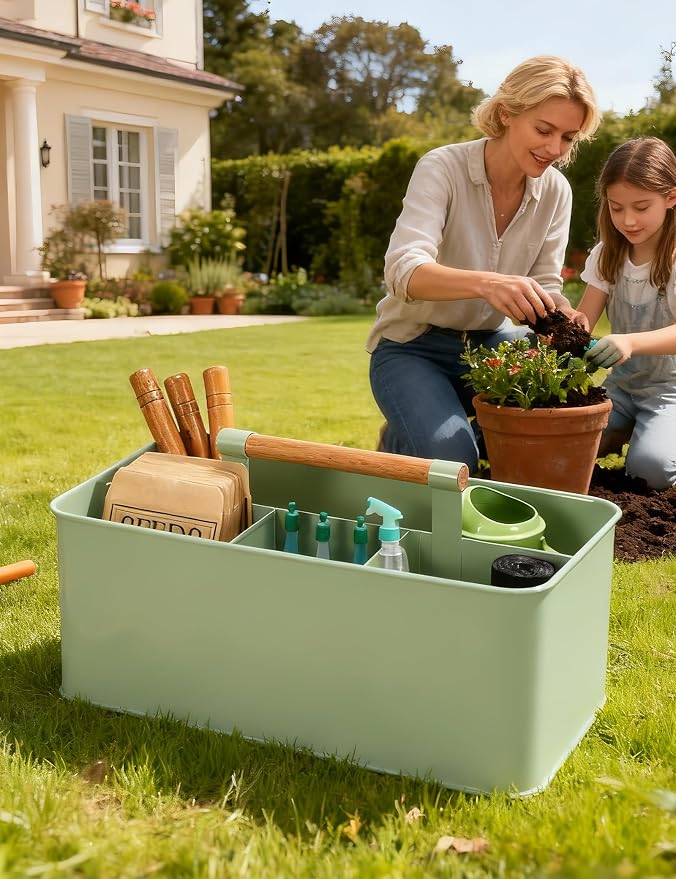 Garden Tool Organizer with Wooden Handle, Metal Garden Caddy with 4 Compartments - Image 7