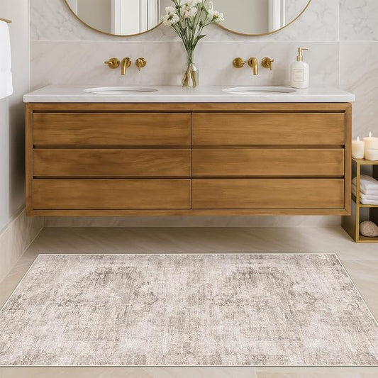 Washable Non Slip Stain Resistant 2x5 Runner Rug for Bathroom, Kitchen, Laundry Room, Bedroom Beside Bed, Unique Tan Distressed Abstract Eclectic Runner Décor, Beige Brown