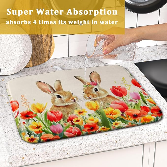 Easter Bunny Dish Drying Mat 16x18 inch Spring Floral Drying Pad Holiday - Image 7