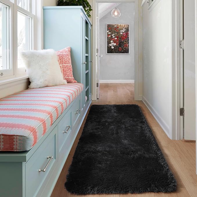 ONASAR Black Runner Rugs for Bedroom Living Room, Washable Bedside Fluffy Area Rug 2x6 Feet, Ultra Soft Plush Shaggy Furry Floor Throw Carpet for Hallway Baby Kids Dorm Closet Home Decor