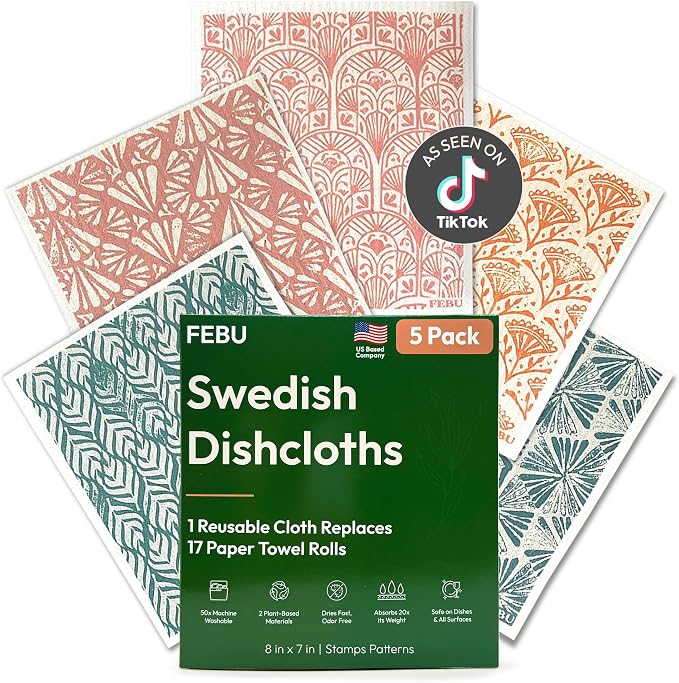 FEBU Swedish Dishcloths for Kitchen | 5 Pack Stamps Reusable Paper Towels by FEBU