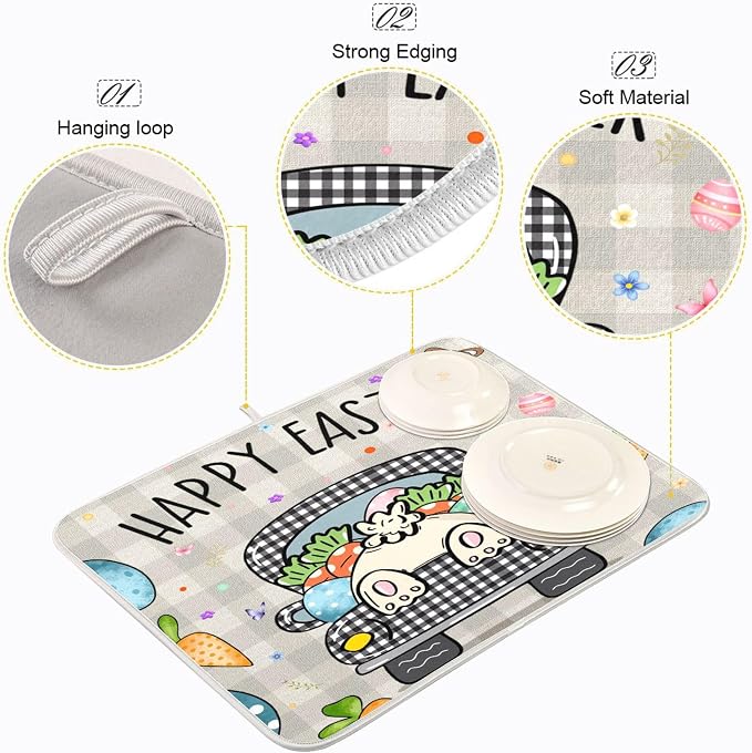 Easter Eggs Bunny Rabbit Dish Drying Mat Quick Absorbent 18x24 Easter Day Black - Image 4