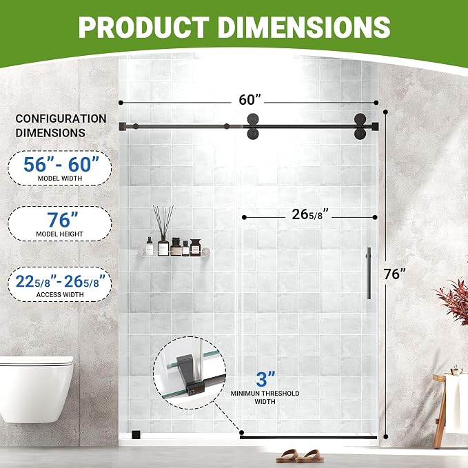 Frameless Sliding Shower Door 56–60 in W x 76 in H, 10mm Clear Tempered Glass - Image 4