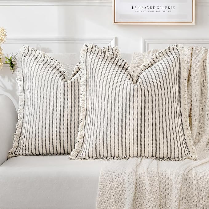 MIULEE Pack of 2 Gray Pillow Covers 22x22 Inch Striped Farmhouse Couch Throw Pillow Covers with Fringe Chic Linen Decorative Cushion Covers for Sofa Living Room Bed Outdoor Home Decor