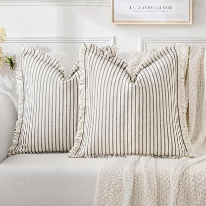 MIULEE Pack of 2 Gray Pillow Covers 22x22 Inch Striped Farmhouse Couch Throw Pillow Covers with Fringe Chic Linen Decorative Cushion Covers for Sofa Living Room Bed Outdoor Home Decor