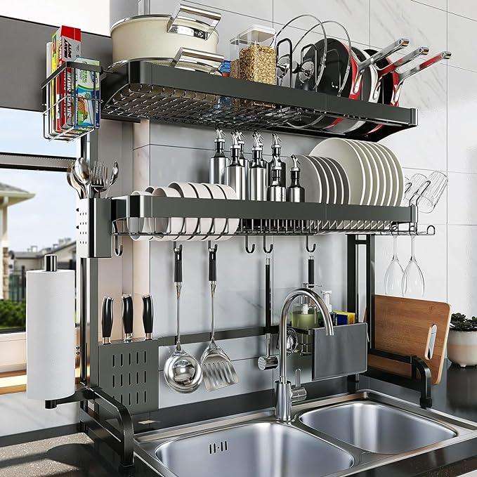 Over The Sink Dish Drying Rack, 3 Tier Adjustable Length Full Stainless Steel by LIVOD