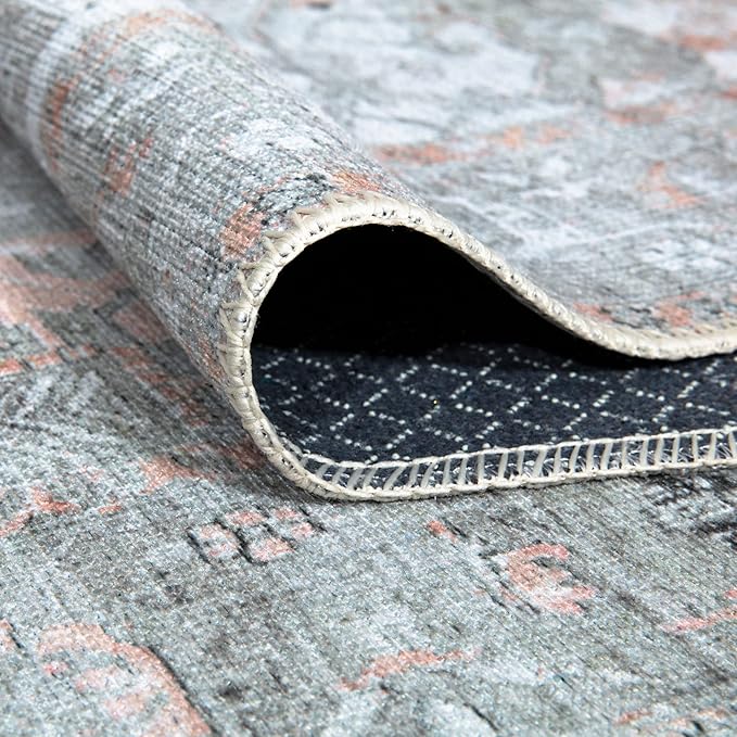 Bloom Rugs Washable Non-Slip 5' x 7' Rug - Gray/Coral Pink Traditional Area Rug for Living Room, Bedroom, Dining Room, and Kitchen - Exact Size: 5' x 7'