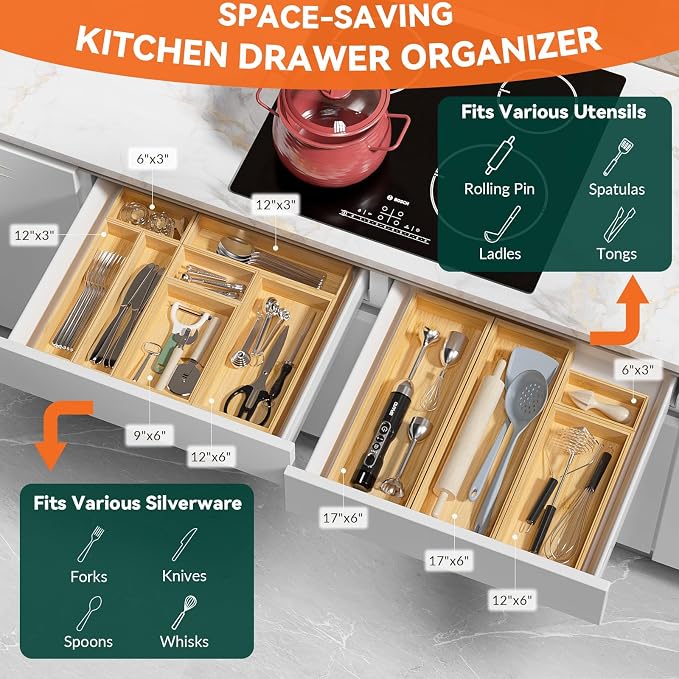 Bamboo Drawer Organizer – Set of 2 Stackable Storage Boxes, 8.3" x 2.3" x 1.77" - Image 4