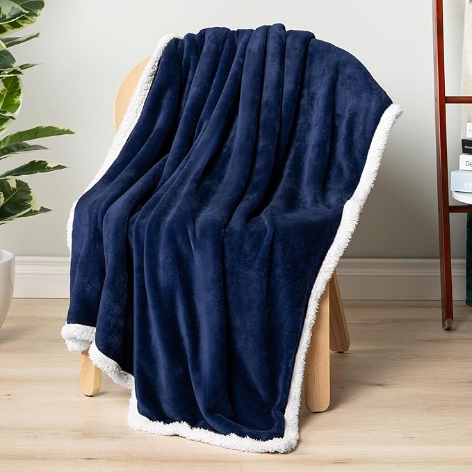 Pavilia Sherpa Fleece Blanket - Queen Size, Navy Blue, Plush Soft Fuzzy, Reversible Winter Blanket for Women & Men, 90x90 Inches