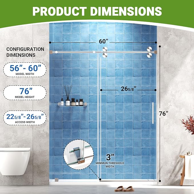 Frameless Sliding Shower Door 44–48 in W x 76 in H, 5/16" Clear Tempered Glass - Image 2