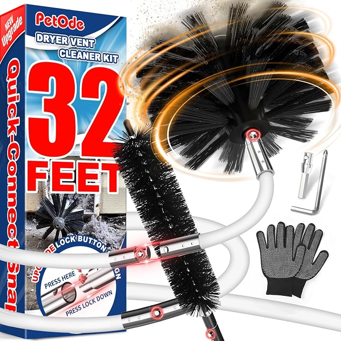 32 Feet Dryer Vent Cleaner Kit, Enhanced Flexible Quick Snap Brush by PetOde
