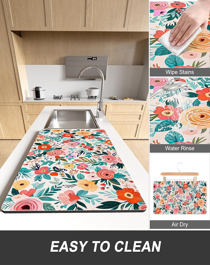 Rnivvi Dish Drying Mat for Kitchen Counter, 12 x 19" Cute Flower Super - Image 6
