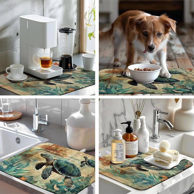 Sea Turtle Dish Drying Mat for Kitchen Counter Vintage Ocean Animal Microfiber - Image 7
