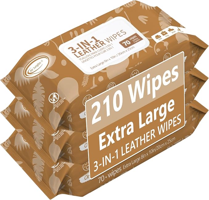 Air Jungles 3in1 Leather Cleaner Wipes 70 Count, Extra Large 8" x 10" Size by AirJungles