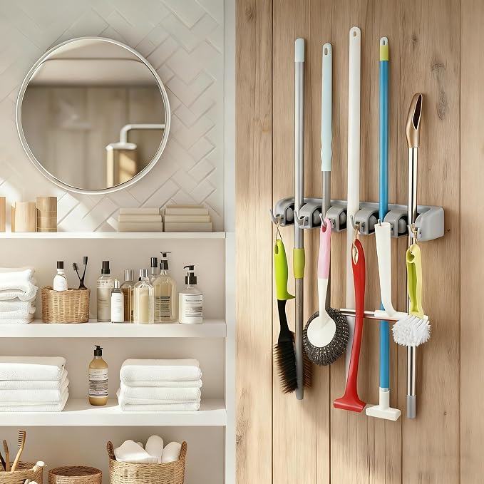TOGU 2 Pack Mop and Broom Holder Wall Mounted 5 Position Storage Rack - Image 3