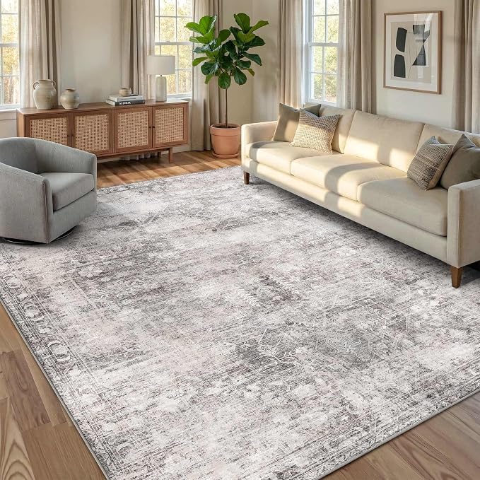 Vintage 8x10 Grey Rug For Living Room, Washable Large Area Rugs for Bedroom - Image 3