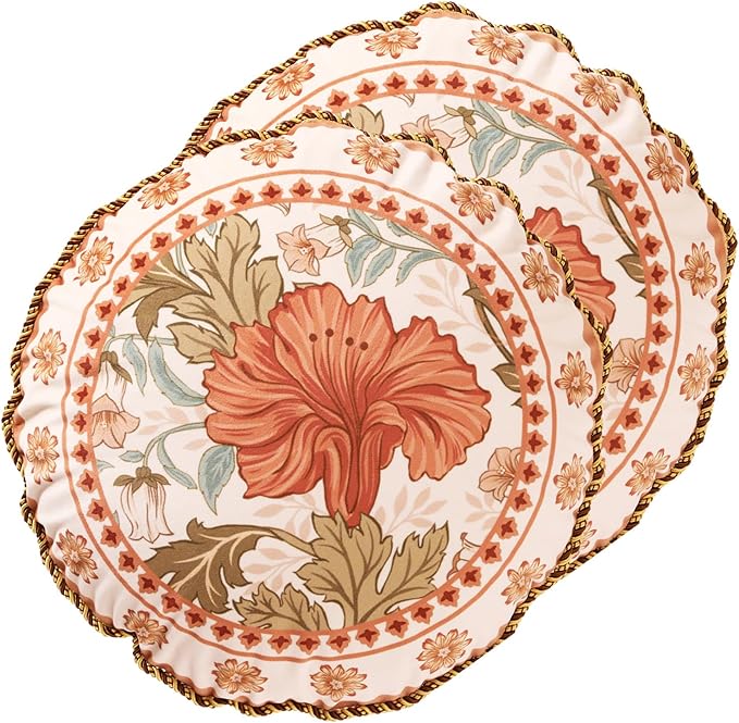 Throw Pillow Covers Pack of 2,Orange Floral Farmhouse with Wild Flowers Pattern Cozy Velvet Pillowcases,Decoration Round Pillows Cushion Covers for Couch Sofa Bed Car Chair,Diameter 16"
