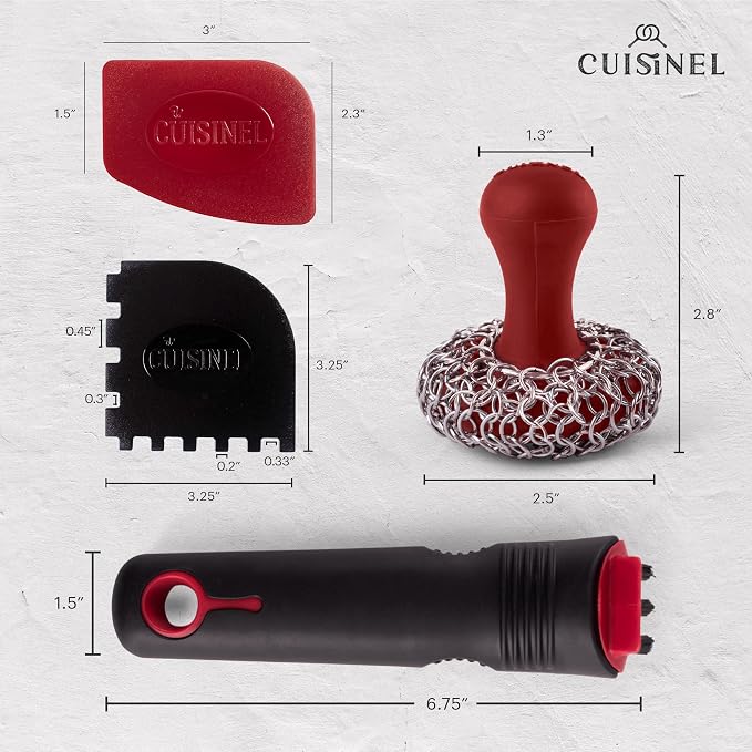 Cuisinel Cast Iron Chain Mail Scrubber + Cleaning Brush + Pan & Grill Scrapers - Image 3