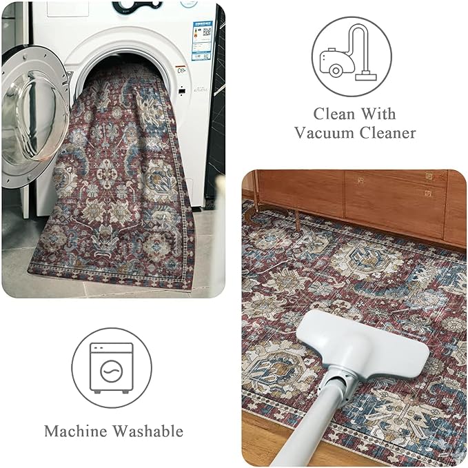 RUGSURE Washable Area Rugs - Perfect for Living Room, Bedroom, Kids Room, Nursery - Stain & Water Resistant Non-Slip, Pet & Child Friendly, Vintage Tribal Area Rugs (Rust and Blue, 5' x 7')