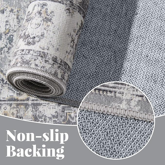 jinchan Fiora Runner Rug 2x6 Machine Washable Hallway Rug Grey Vintage Floral Print Non-Slip Low Pile Ultra-Thin for Kitchen, Entryway, Laundry Room, Bedroom, Farmhouse (2‘x6’, Grey)