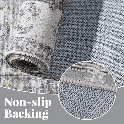 jinchan Fiora Runner Rug 2x6 Machine Washable Hallway Rug Grey Vintage Floral Print Non-Slip Low Pile Ultra-Thin for Kitchen, Entryway, Laundry Room, Bedroom, Farmhouse (2‘x6’, Grey)