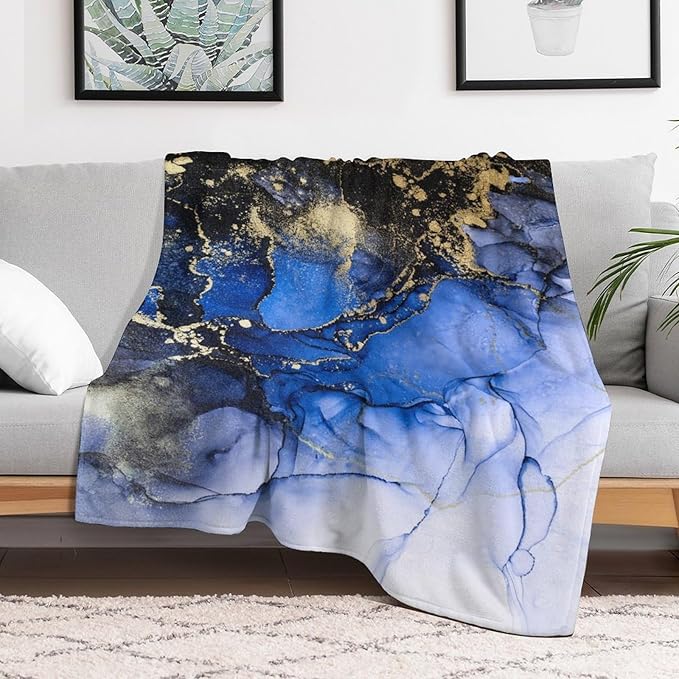 Modern Marble Blanket, Abstract Luxury Baroque Golden Dark Blue Stone Veins Pattern Soft Warm Cozy Plush Flannel Covers for Livingroom Bedroom Couch Chair Camping Travel Home Decor Tapestry 40x50in