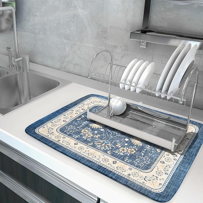 Blue Boho Dish Drying Mat for Kitchen Counter 18x24 Inch Fast Dry Drying Pad - Image 5