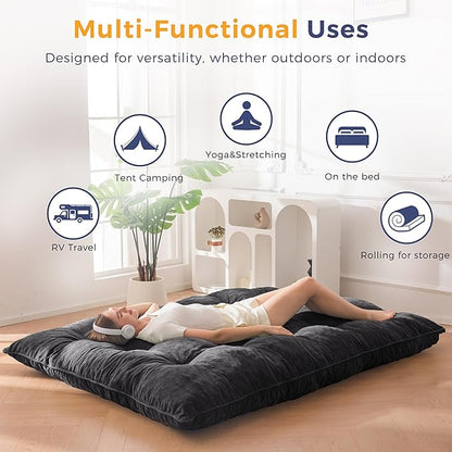 MAXYOYO Japanese Floor Mattress Queen Size, 6" Foldable Futon Mattress Tufted Roll Up Floor Bed, Thick Chenille Tatami Mat Sleeping Pad for Camping Guest Room Dormitory Bedroom RV, Black