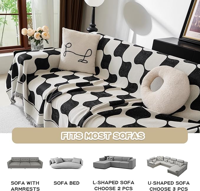 MEETSKY Sofa Covers Single Couch Cover for Dogs, Modern Jacquard Chenille Sofa Slipcover Loveseat Futon Cover, Pet Couch Cover Washable Sofa slipcover, 71" x 102", Black Checkerboard