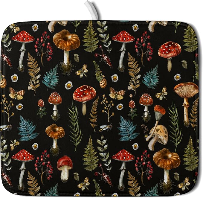 Mushroom Forest Dish Drying Mat Fern Leaves Black Drainer Mat by Giwawa