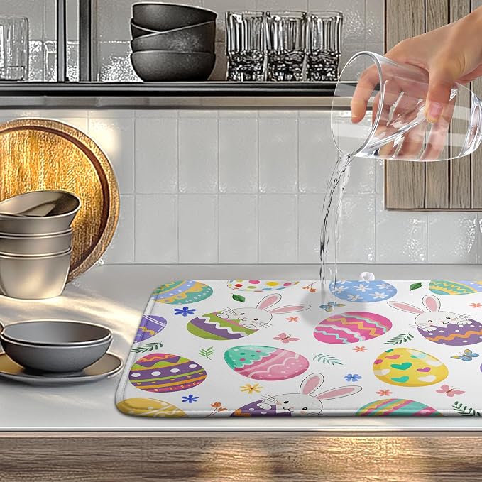 Happy Easter Bunny Dish Drying Mats Spring Floral Dish Mat Easter Cute Rabbit - Image 5