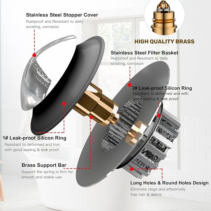 Kitchen Sink Drain Strainer 3 in 1, 304 Stainless Steel Pop Up Sink Stopper - Image 4