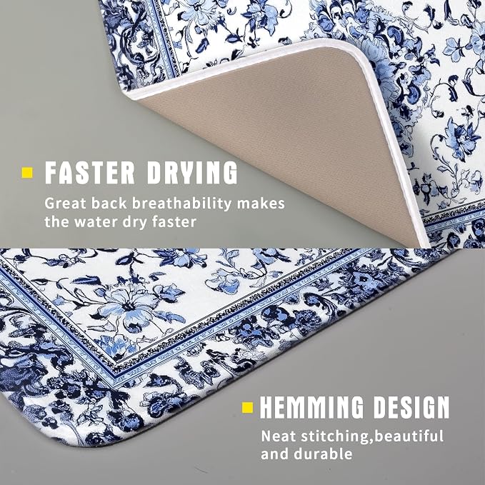 Boho Floral Dish Drying Mat 16x18 Inch Blue Leaves Kitchen Drying Pad - Image 3