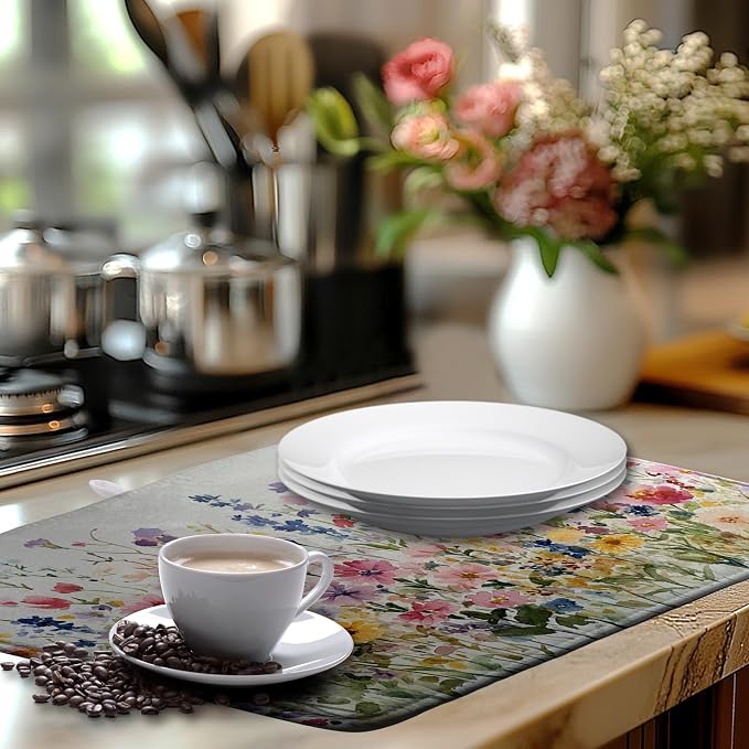 Spring Floral Dish Drying Mat for Kitchen Counter Summer Colorful Flower - Image 6