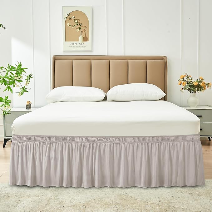 Biscaynebay Wrap Around Bed Skirts for King & Cal King Beds 19" Long Drop, Camel Grey Adjustable Elastic Dust Ruffles Easy Fit Wrinkle Resistant Silky Luxurious Fabric Machine Washable