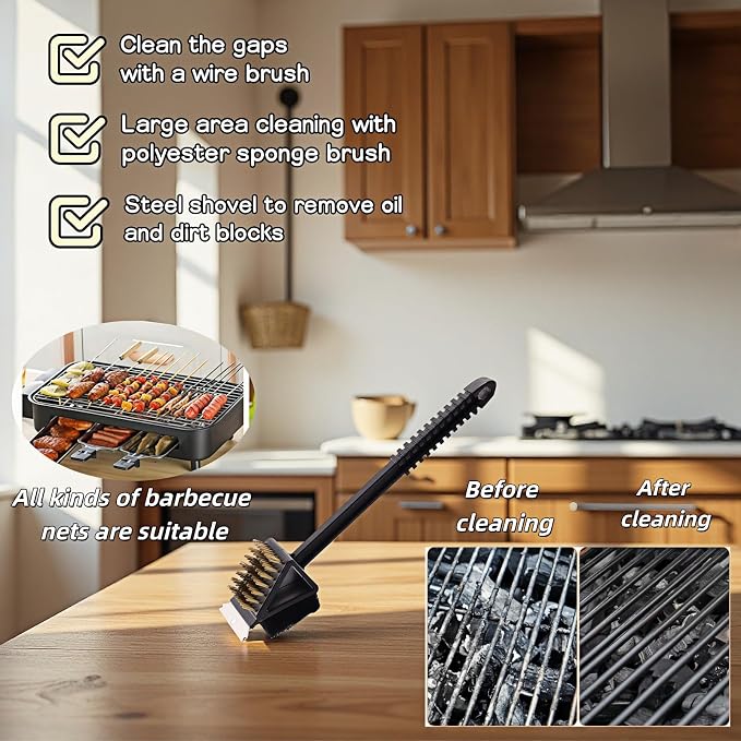 3-in-1 Grill Brush with Scraper & Scrub Pad, 14.5" Long Handle Brass Brush - Image 8