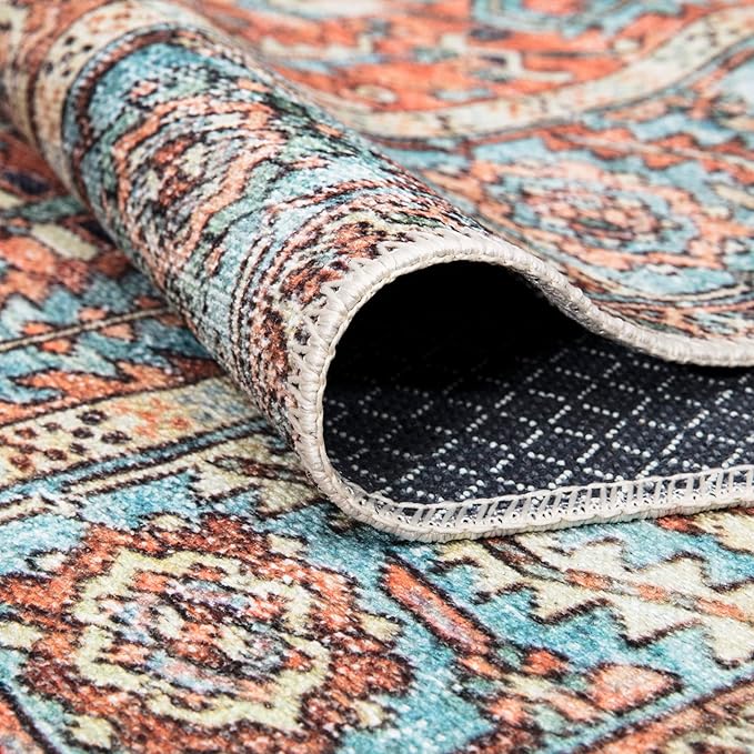 Bloom Rugs Washable Non-Slip 9' x 12' Rug - Orange/Blue Traditional Area Rug for Living Room, Bedroom, Dining Room, and Kitchen - Exact Size: 9' x 12'