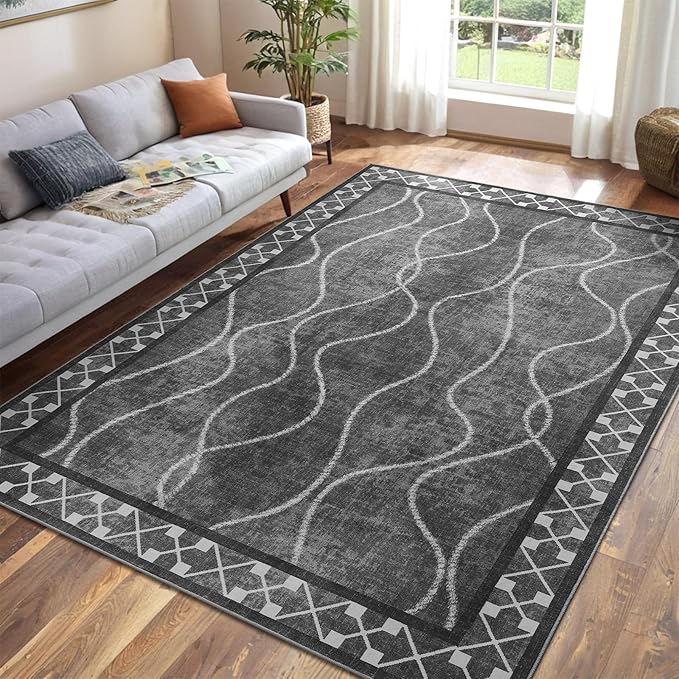 4x6 Area Rugs for Living Room Bedroom, Machine Washable Low Pile Rugs, Non Slip Modern Bordered Print Indoor Carpet for Entryway Office Dining Room Dorm Home Decor, Dark Grey