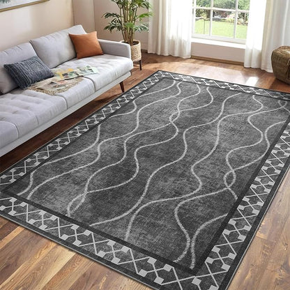 4x6 Area Rugs for Living Room Bedroom, Machine Washable Low Pile Rugs, Non Slip Modern Bordered Print Indoor Carpet for Entryway Office Dining Room Dorm Home Decor, Dark Grey