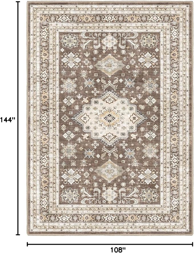 Vintage Living Room Area Rug 9x12 - Large Soft Washable Oriental Traditional Distressed Farmhouse Rugs for Bedroom - Indoor Floor Accent Carpet for Home Office House Decor - Dark Brown
