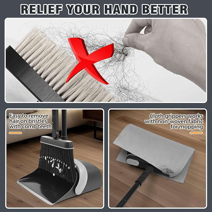 JEHONN Broom and Dust Pan, 54.3 inches Long Handle Swivel Brush, Upright - Image 2
