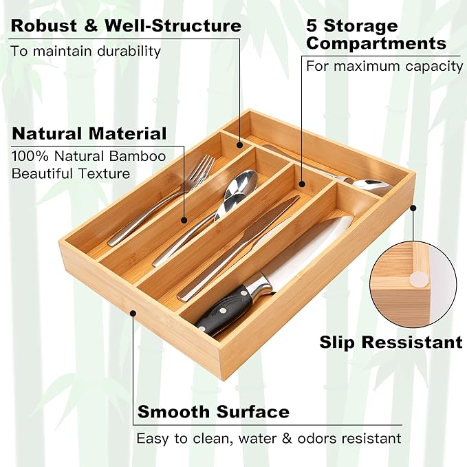 Silverware Organizer Bamboo Kitchen Drawer Organizer Utensil Organizer - Image 5