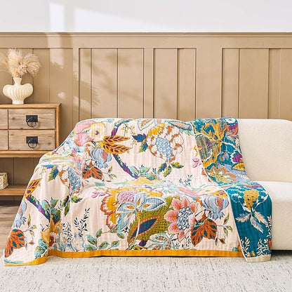 Farmhouse Throw Blanket, 80"x 90" Boho Throw Blankets for Couch Cover, 100% Cotton Bohemian Vintage Quilt for All Seasons Reversible Florals Lightweight Picnic Blankets Home Decoration