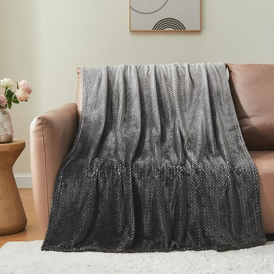 NEWCOSPLAY Super Soft Throw Blanket Ombre Dark Grey Premium Silky Flannel Fleece Leaves Pattern Lightweight Bed Blanket All Season Use (Ombre Dark Grey, Throw(50"x60"))